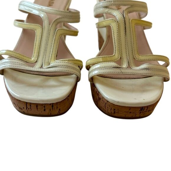 PRADA Beige Wedge Patent Leather Strappy Slide Sandals - Picture 2 of 12